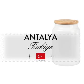Antalya Turkey Coordinates Travel Souvenir - Panoramic Cookie Jar with Wooden Lid - white - Front