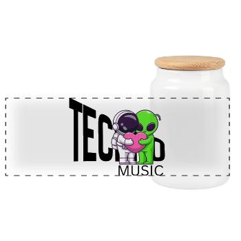 Cosmic Hug: Alien and Astronaut - Panoramic Cookie Jar with Wooden Lid - white - Front