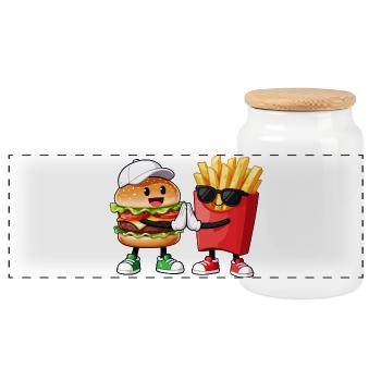 Cheeseburger Mit Handzeichen Lustiges Motiv - Panorama Keksdose mit Holzdeckel - Weiß - Vorne