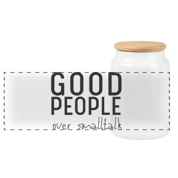Good People Over Smalltalk – Statement Design - Panorama Keksdose mit Holzdeckel - Weiß - Vorne