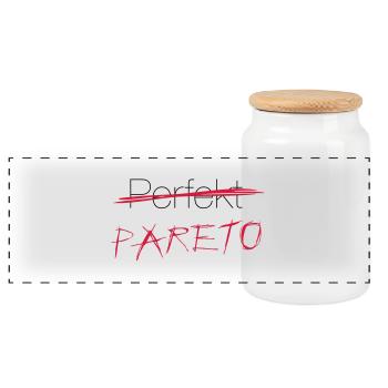Perfekt? Nein: Pareto! - Panorama Keksdose mit Holzdeckel - Weiß - Vorne