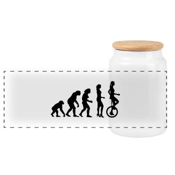 evolution_einradfahrerin_1c - Panorama Keksdose mit Holzdeckel - Weiß - Vorne