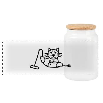 Katze Maus Staubsauger - Panorama Keksdose mit Holzdeckel - Weiß - Vorne