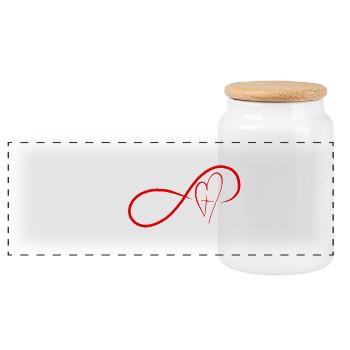 Love Never Fails – 1 Corinthians 13:4-7 - Panoramic Cookie Jar with Wooden Lid - white - Front