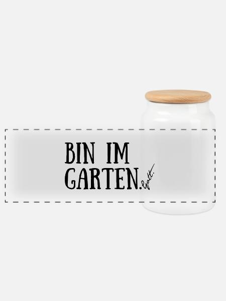 Bin im Garten. Gott. - Panorama Keksdose mit Holzdeckel - Weiß