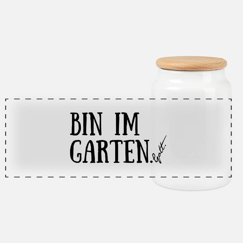 Bin im Garten. Gott. - Panorama Keksdose mit Holzdeckel - Weiß