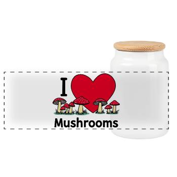 I love mushrooms - Panoramic Cookie Jar with Wooden Lid - white - Front