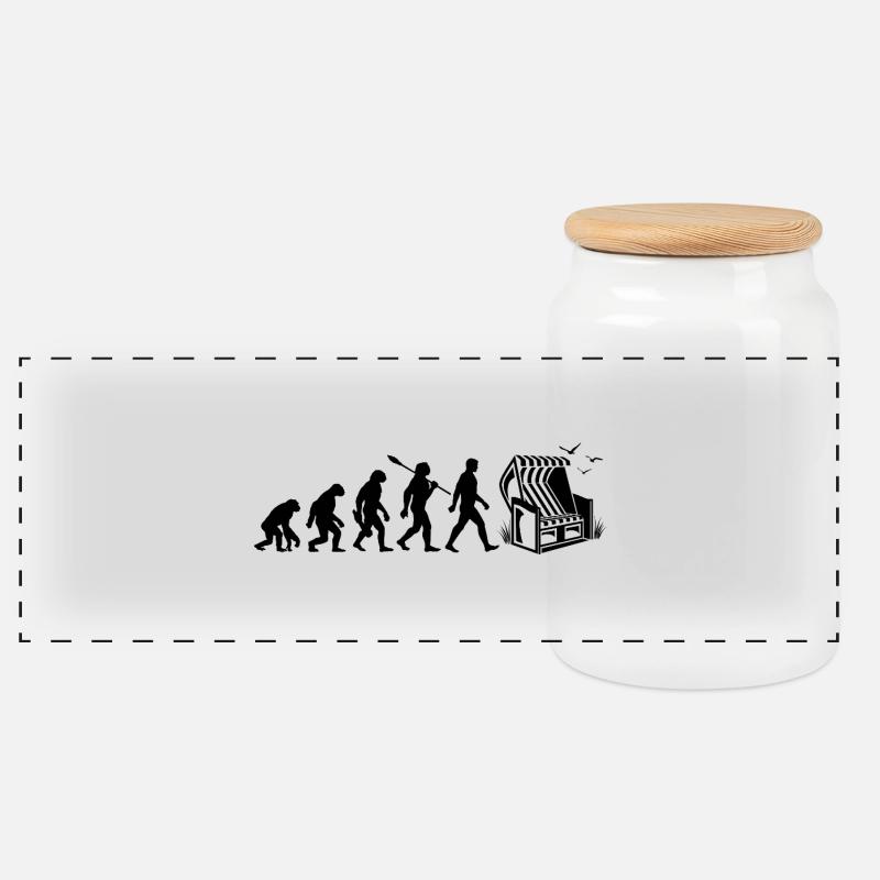 Evolution - Strandkorb - Urlaub - Meer - Möwen - Panorama Keksdose mit Holzdeckel - Weiß