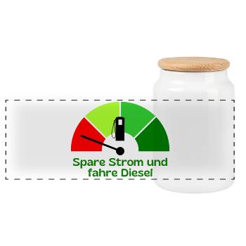 Spare Strom und fahre Diesel - Panorama Keksdose mit Holzdeckel - Weiß - Vorne