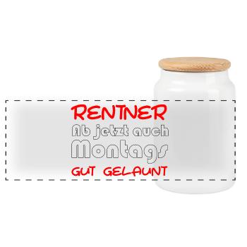 Rentner ab jetzt auch montags gut gelaunt - Panorama Keksdose mit Holzdeckel - Weiß - Vorne