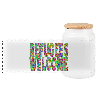 refugees welcome and many colorful butterflies - Panoramic Cookie Jar with Wooden Lid - white - Front