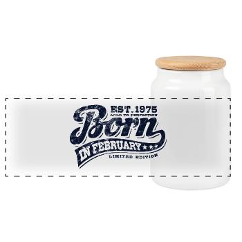 Born in February 1975 - Geburtstag - Geschenk - Panorama Keksdose mit Holzdeckel - Weiß - Vorne