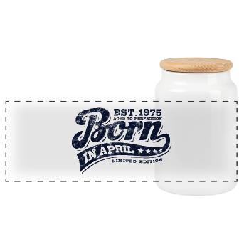 Born in April 1975 - Geburtstag - Geschenk - Panorama Keksdose mit Holzdeckel - Weiß - Vorne