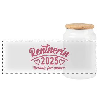 Rentnerin 2025 Urlaub für immer Ruhestand Pension - Panorama Keksdose mit Holzdeckel - Weiß - Vorne