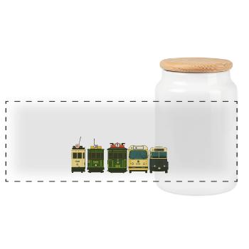 Illustrierte Eisenbahnwaggons im Vintage-Stil - Panorama Keksdose mit Holzdeckel - Weiß - Vorne