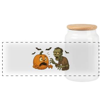Pumpkin Panic and Zombie - Panoramic Cookie Jar with Wooden Lid - white - Front