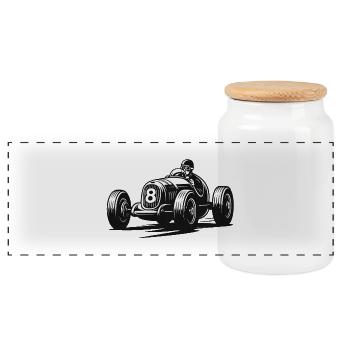 Vintage Rennwagen Fahrer Schwarz-Weiß - Panorama Keksdose mit Holzdeckel - Weiß - Vorne