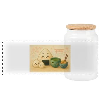 Kawaii Reisbällchen mit Tee Torii - Panorama Keksdose mit Holzdeckel - Weiß - Vorne