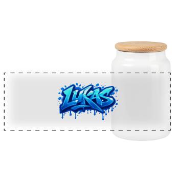 Graffiti LUKAS Name Gift Ideal Printable - Panoramic Cookie Jar with Wooden Lid - white - Front