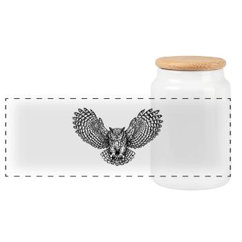Owl with Ornate Wings - Panoramic Cookie Jar with Wooden Lid - white - Front