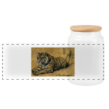 Croquis du tigre sur couleur sable - Boîte à biscuits avec couvercle en bois - blanc - Devant
