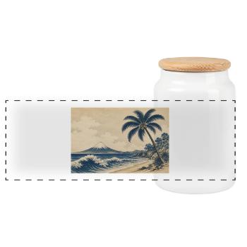 Fuji Coastal Woodcut Palm Beach - Panoramic Cookie Jar with Wooden Lid - white - Front
