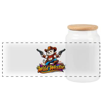 Wild Westie Cowboy Design (Original Design)  - Panoramic Cookie Jar with Wooden Lid - white - Front