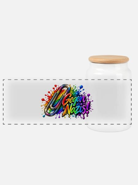 Gegen Nazis Regenbogen Briefklammer Büroklammer - Panorama Keksdose mit Holzdeckel - Weiß