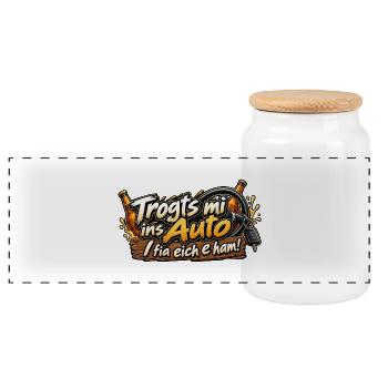 „Trogts mi ins Auto… 😂🚗“ - Panorama Keksdose mit Holzdeckel - Weiß - Vorne