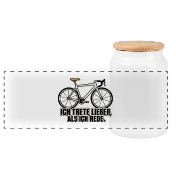 Ich trete lieber, als ich rede – Fahrrad - Panorama Keksdose mit Holzdeckel - Weiß - Vorne
