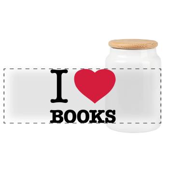 I LOVE BOOKS Bücher Bücherwurm Leseratte - Panorama Keksdose mit Holzdeckel - Weiß - Vorne