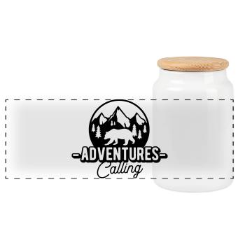 Adventures Calling, Abenteuer Natur, Camping - Panorama Keksdose mit Holzdeckel - Weiß - Vorne