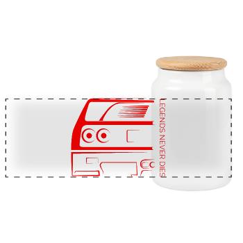 Legends Never Die – Retro Car Outline - Panorama Keksdose mit Holzdeckel - Weiß - Vorne