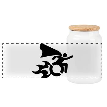 in a wheelchair with flames # - Panoramic Cookie Jar with Wooden Lid - white - Front