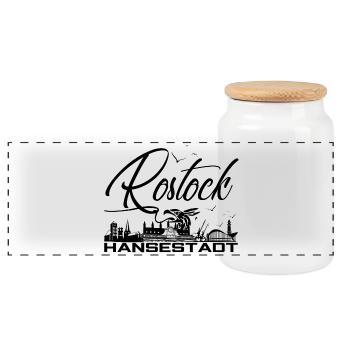 Rostock - Hanseatic City - Silhouette - Panoramic Cookie Jar with Wooden Lid - white - Front