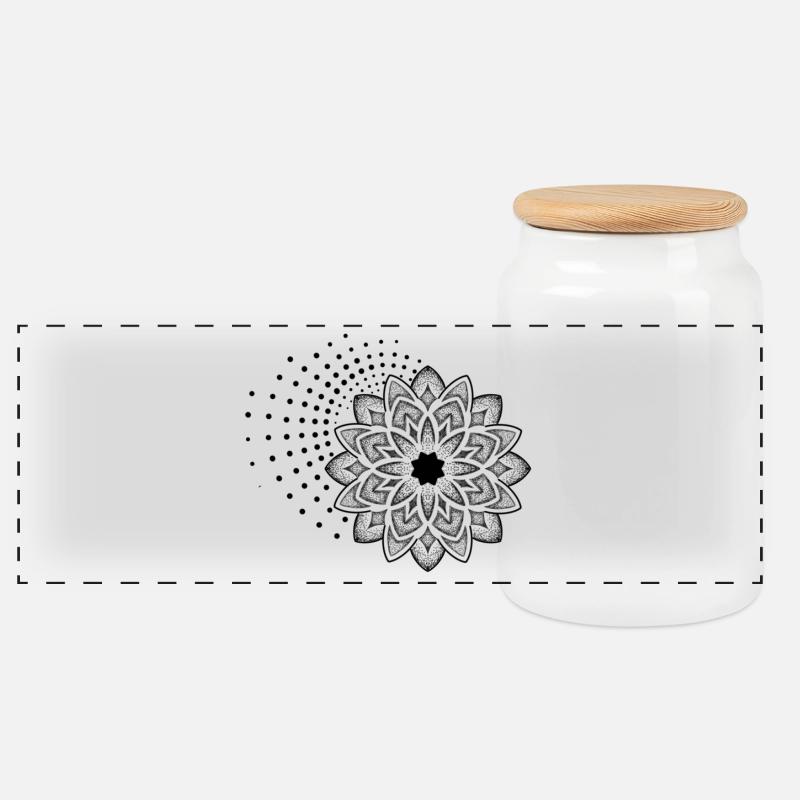 Geometrisches ornamentales Mandala-Blumen-Tattoo-Design - Panorama Keksdose mit Holzdeckel - Weiß
