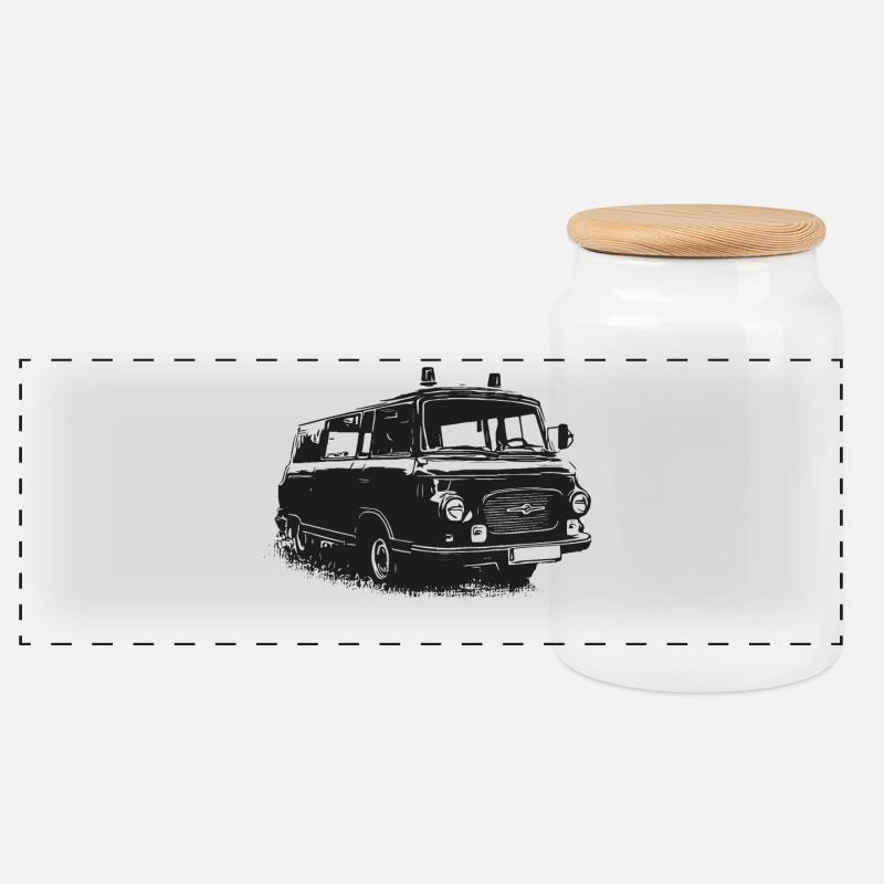 Barkas mit Blaulicht - Panorama Keksdose mit Holzdeckel - Weiß