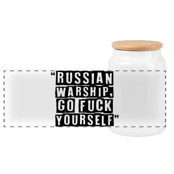 "RUSSISCHES KRIEGSSCHIFF, GEH DICH FICKEN" - Panorama Keksdose mit Holzdeckel - Weiß - Vorne