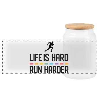 Life is Hard. Run Harder. - Panoramic Cookie Jar with Wooden Lid - white - Front