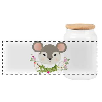 Enchanting cute mouse with delicate green in spring - Panoramic Cookie Jar with Wooden Lid - white - Front