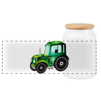 green 3D tractor for tractor and farm fans - Panoramic Cookie Jar with Wooden Lid - white - Front