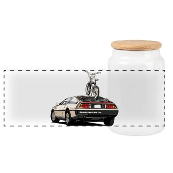 Delorean mit Oldschool 80er Jahre BMX auf dem Heck - Panorama Keksdose mit Holzdeckel - Weiß - Vorne