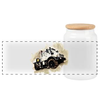 Unimog Truck - Panoramic Cookie Jar with Wooden Lid - white - Front