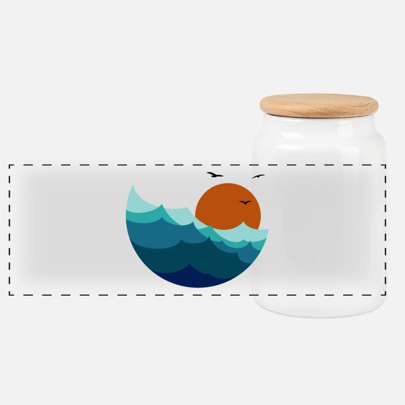 Waves Sunset - Panoramic Cookie Jar with Wooden Lid - white