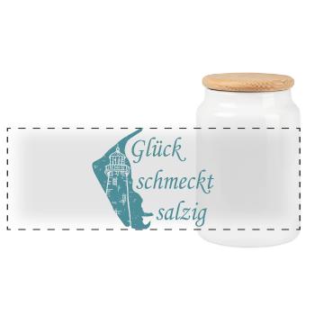 Glück schmeckt salzig – Amrum Nordsee Insel Design - Panorama Keksdose mit Holzdeckel - Weiß - Vorne