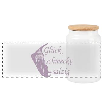 Glück schmeckt salzig – Amrum Nordsee Insel Design - Panorama Keksdose mit Holzdeckel - Weiß - Vorne