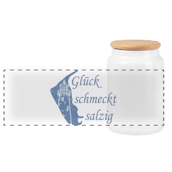 Glück schmeckt salzig – Amrum Nordsee Insel Design - Panorama Keksdose mit Holzdeckel - Weiß - Vorne