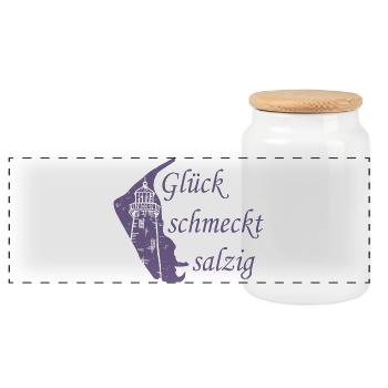 Glück schmeckt salzig – Amrum Nordsee Insel Design - Panorama Keksdose mit Holzdeckel - Weiß - Vorne