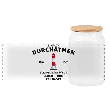 Flensburger Förde, Leuchtturm Falshöft, Durchatmen - Panorama Keksdose mit Holzdeckel - Weiß - Vorne