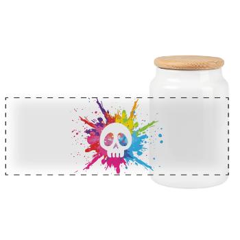 White skull and multicolored explosion - Panoramic Cookie Jar with Wooden Lid - white - Front